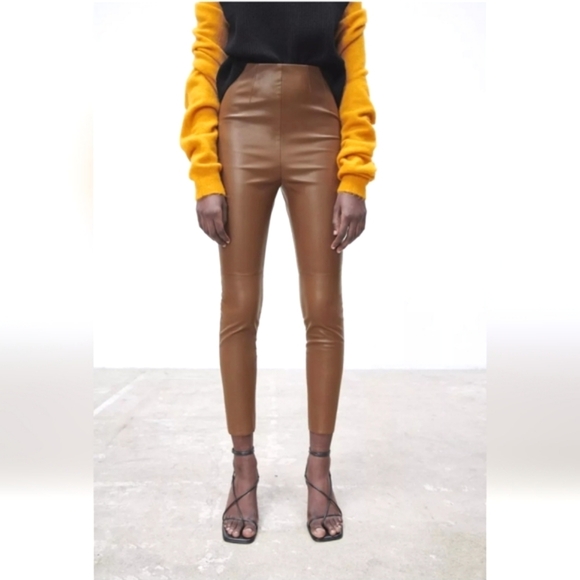 ZARA Camel high waisted faux leather leggings. Size M NWOT - Picture 1 of 16